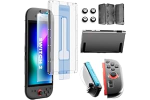 BINBOK VR Switch 2 Screen Protector Accessories for Nintendo, 10-In-1 Bundle: Tempered Glass, Dockable Case Clear Hard Shell, Two Protective Cover for Joycon Controller Thumb Grip, 2025 Switch2 Console Game Kit