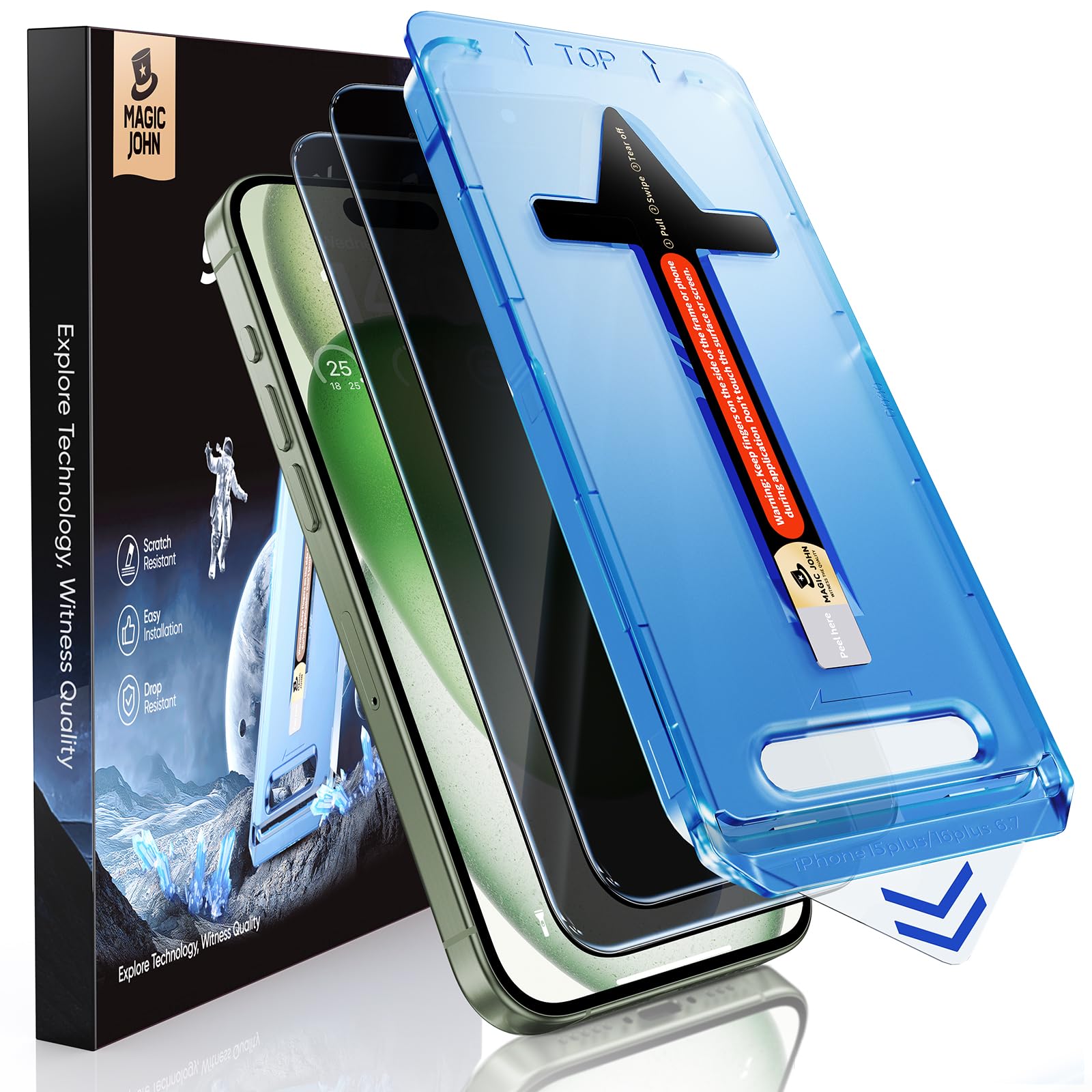 MAGIC JOHN 2 Pack for iPhone 15 Plus 6.7 inch Privacy Glass Screen Protector, Auto Dust-Elimination Installation, Bubble Free, Easy Installation