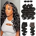 12A Brazilian Human Hair Bundles Body Wave 3 Bundles with Lace Closure 4x4 Free Part 100% Unprocessed Remy Human Hair Bundles with Closure Wet and Wavy Double Weft Natural Color (14 16 18+12)