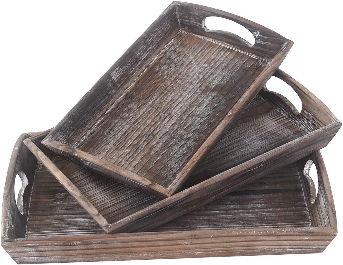  | RHF Serving Trays, Ottoman Serving Tray, Wood Breakfast Trays, Retro Nesting Serving Tray Set, Ash Trays with Handles, Platter For Food Drink Eating Coffee, 3 Tier Set, Brown: Serving Trays