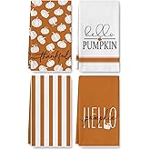 AnyDesign Hello Pumpkin Kitchen Towel Orange White Fall Dish Towel Autumn Harvest Thankful Hand Drying Tea Towel for Thanksgiving Holiday Farmhouse Cooking Baking Wiping Cleaning, Set of 4