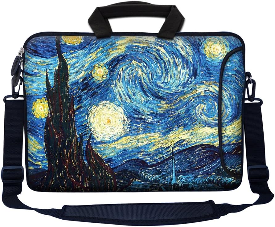 Meffort Inc 15 15.6 inch Neoprene Laptop Bag Sleeve with Extra Side Pocket, Soft Carrying Handle & Removable Shoulder Strap for 14" to 15.6" Size Notebook Computer - The Starry Night