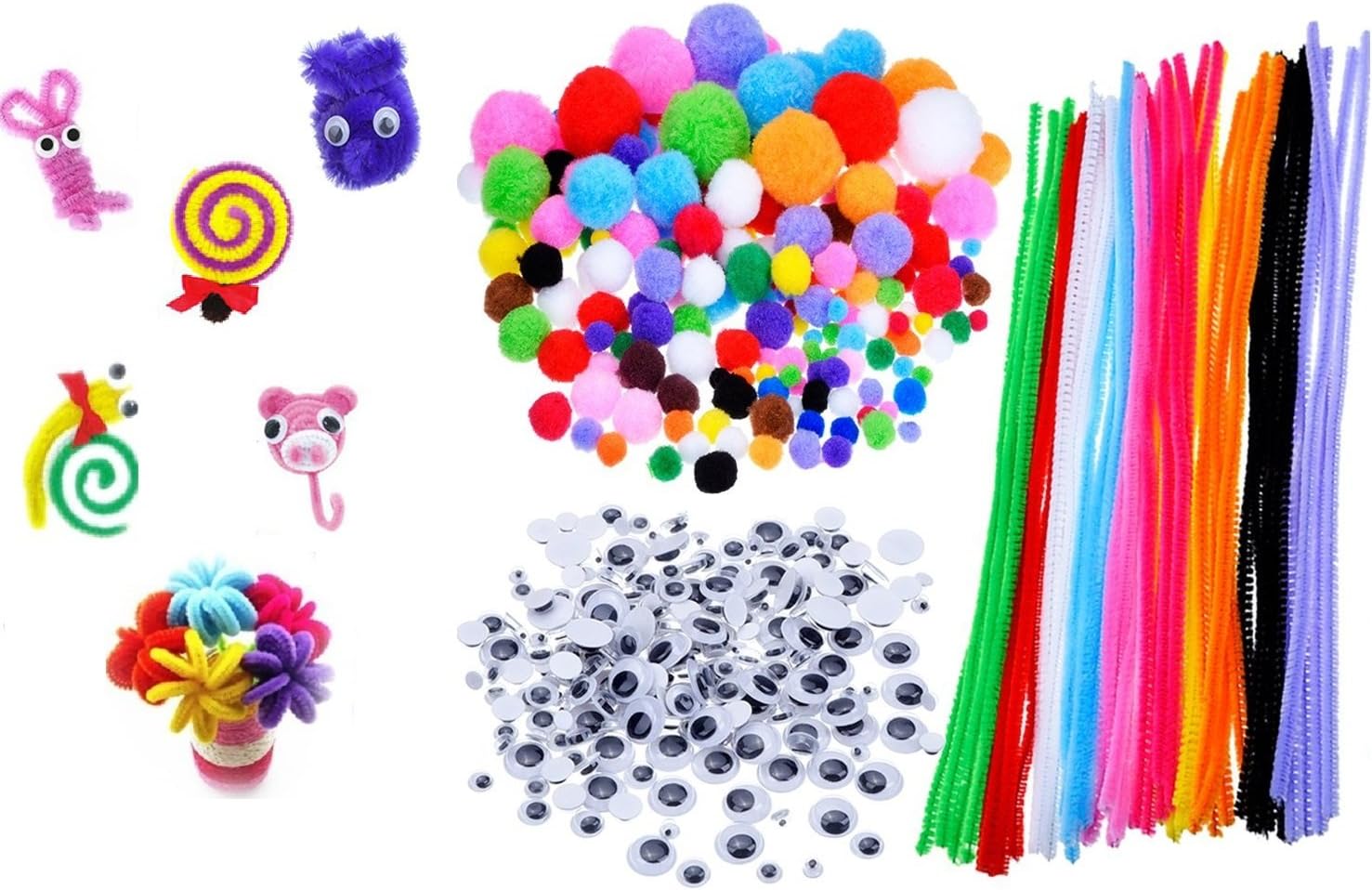 Phatias 500 pcs Craft Pipe Cleaners Chenille Stems Bundle including 100 Pipe Cleaners, 250 Pom Poms, 150 Wiggle Eyes