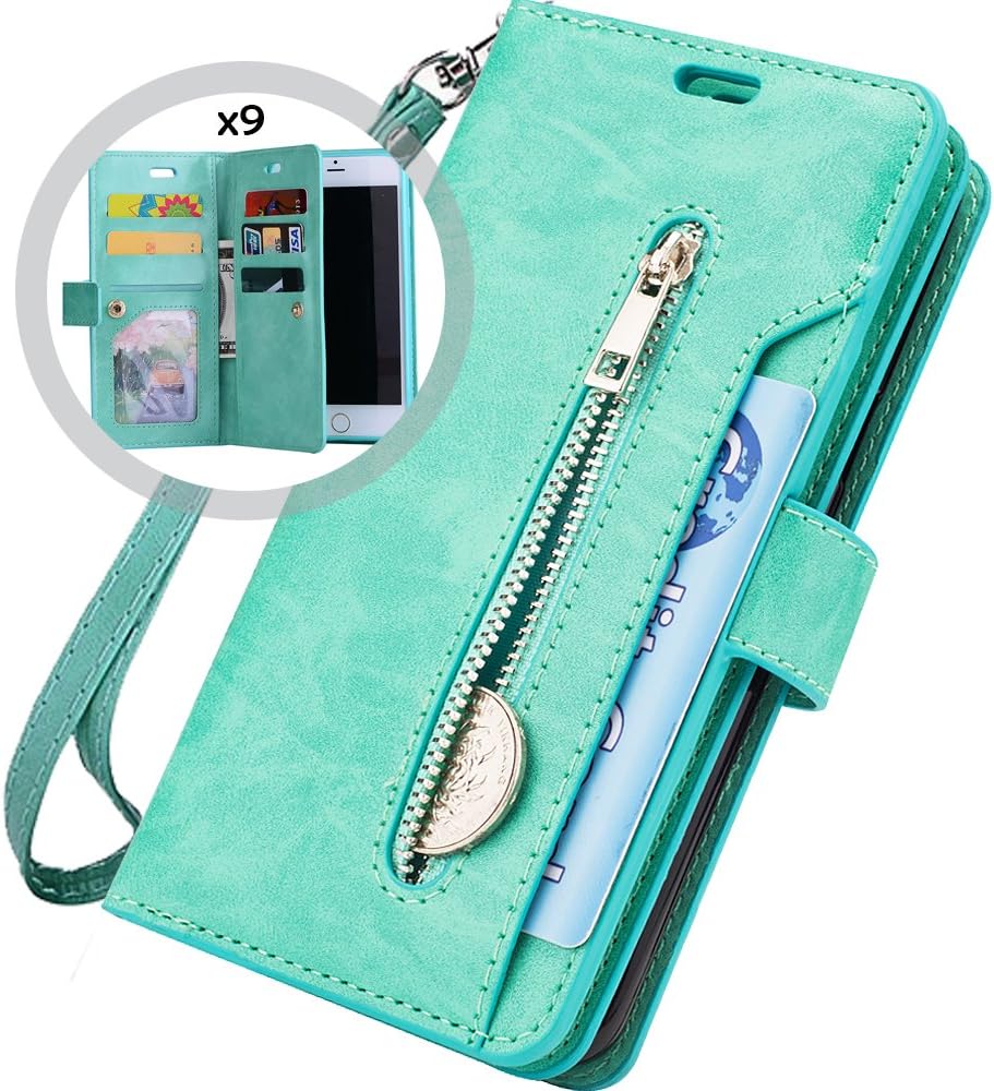 iPhone 8 Plus Case Wallet,Auker Trifold 9 Card Holder Flip Flop Sleek Faux Leather Folio Book Design Fold Stand Zipper Wallet Clutch Case with Strap&Money Pocket for Women/Men iPhone 7 Plus Mint