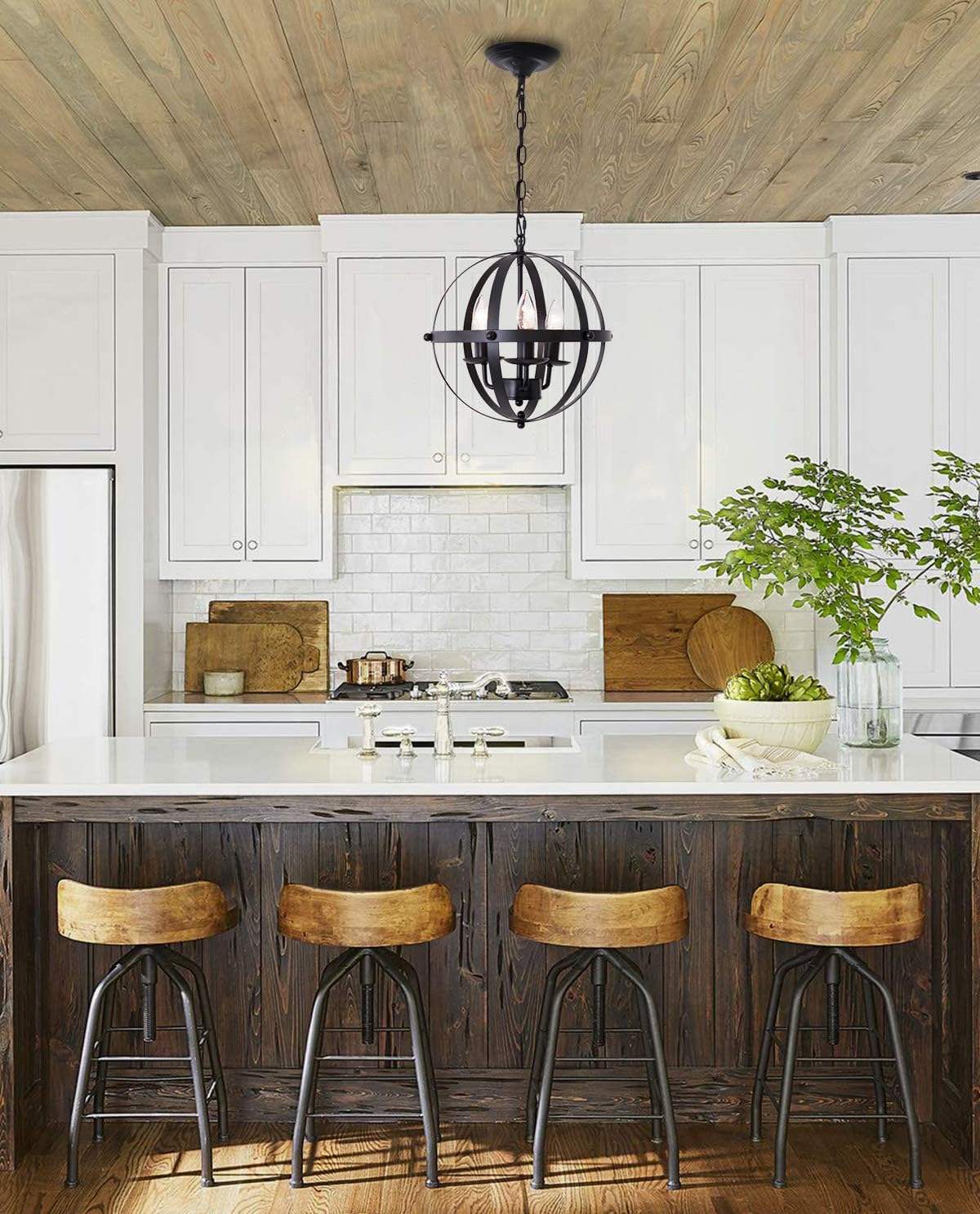 Ganeed Pendant Light, Industrial Globe Pendant Lighting, Vintage Chandelier Spherical Hanging Light, Ceiling Light Fixture for Kitchen Island Dining Table Farmhouse - - 