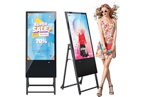 JIYANG 32 Inch Indoor Digital Signage Display,Floor Standing Advertising Digital Kiosk with Wheels,Portable LCD Poster Totem Support HDMI Input,Split Screen,Timed Open/Off,Android System