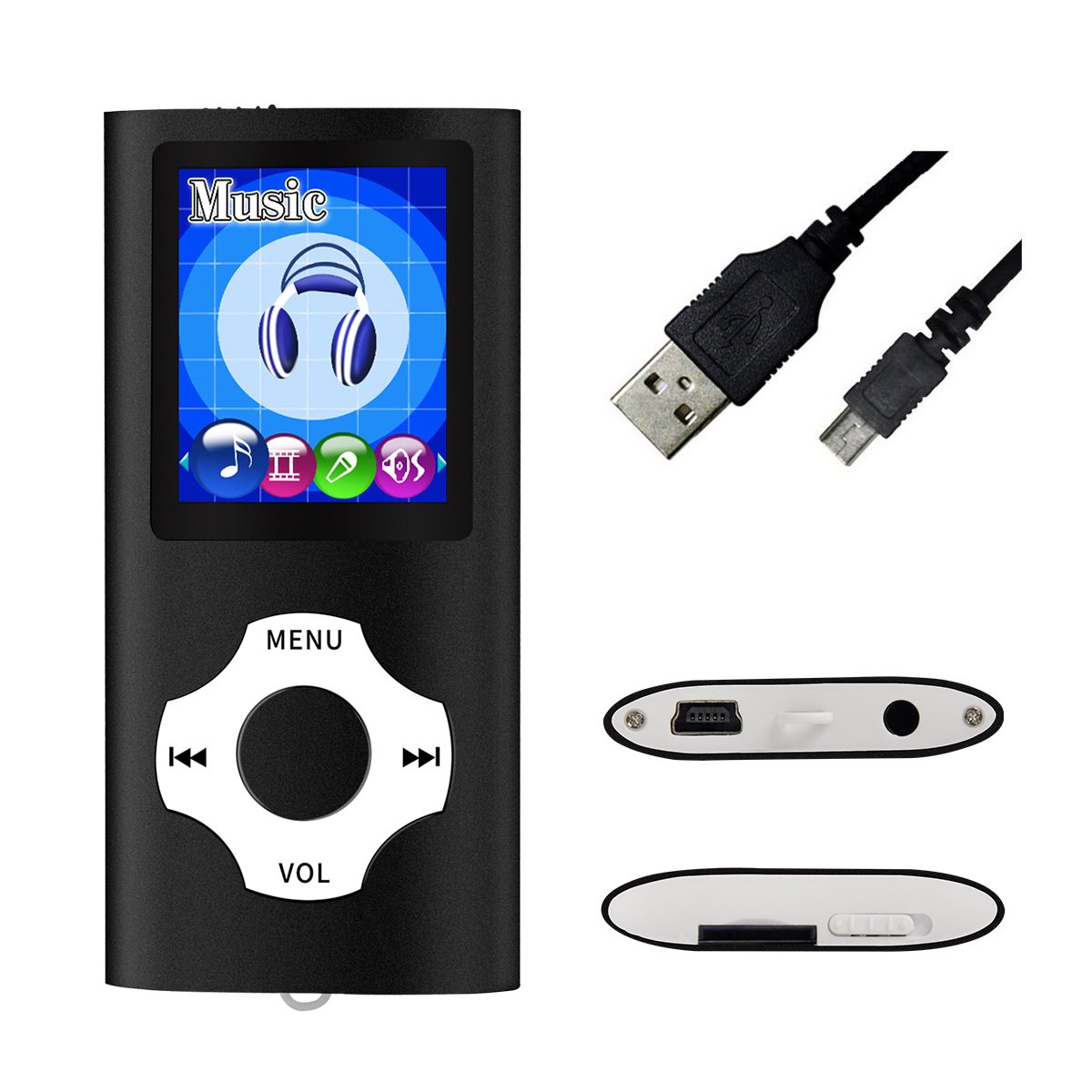 MYMAHDI MP3 / MP4 Portable Player, schwarz mit 1,8 Zoll LCD Bildschirm und Micro SDHC Kartensteckplatz, Max Support 128GB Micro SD TF Karte