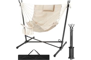 ANTIFIR Hammock Chair with Stand Included Hanging Chair Macrame Boho Handmade Adjustable Swing with Headrest and Side Pocket Indoor Outdoor Patio Yard Garden Porch 450lbs Capacity(White)