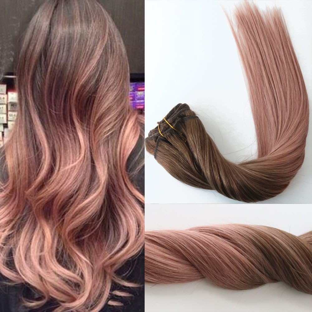 Silky Straight Rose Gold Ombre Highlights Balayage Hair Extensions of
