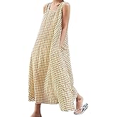 chouyatou Women's Summer Casual Loose-Fit Cotton Plaid Tank Maxi Dress with Pockets Boho Beach Sundress