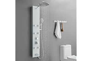 POPFLY Tempered Glass Shower Panel Tower System, 9" Adjustable Shower Arm Height, 304 Stainless Steel White Shower Panels Tower with 6 Massage Jet and Tub Spout