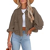 BZB Womens Waffle Knit Shacket Jackets Lightweight Cropped Shacket Long Sleeve Button Down Shirts