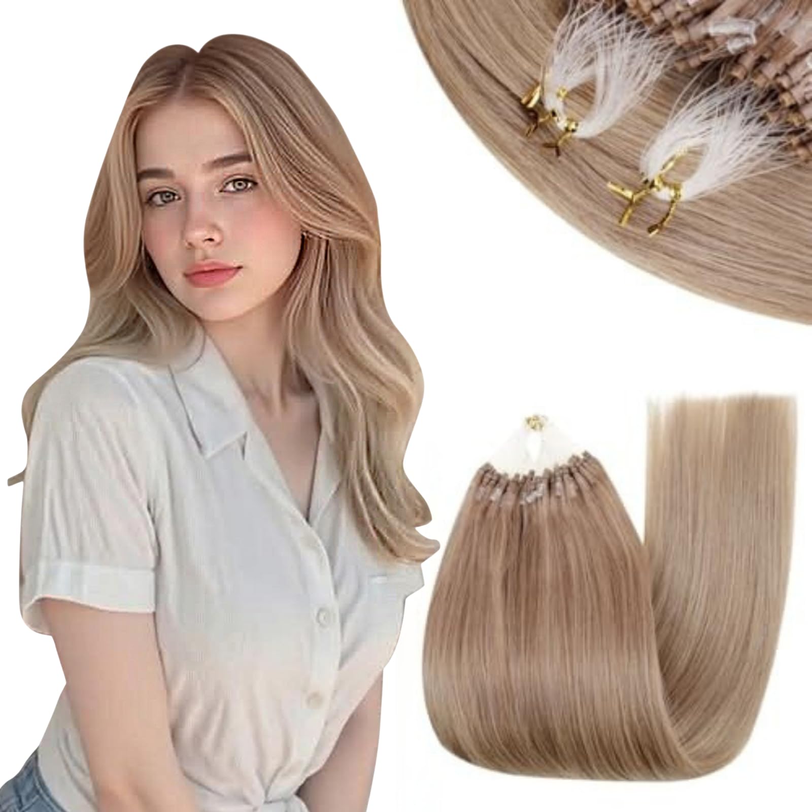 RUNATURE Micro Ring Hair Extensions Human Hair Brown Ombre Blonde Micro Loop Hair Extensions Blonde Balayage Micro Beads Hair Extensions Human Hair 22 Inch 50g 1g/Strand — image 1