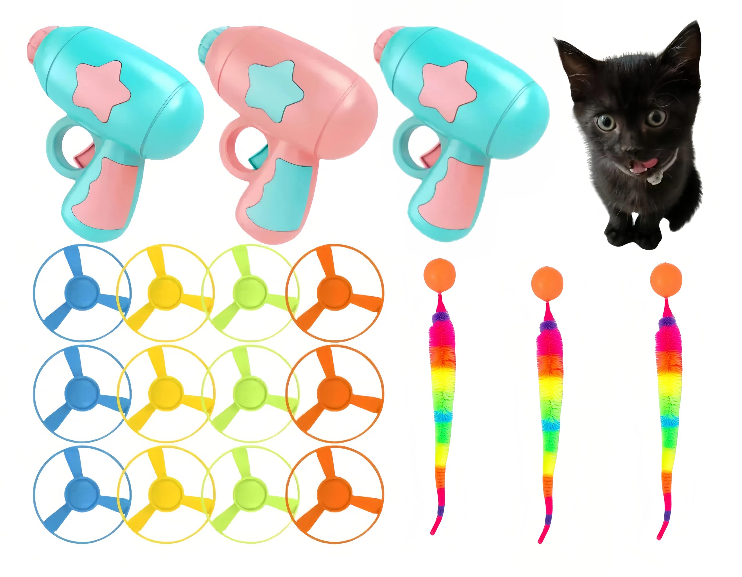 Photo 1 of 18 Pieces Cat Fetch Toy with Colorful Flying Propellers Set, 3 Colored Elastic Balls,Cat Playing Tracking Interactive Toys for Kitten Indoor and Outdoor Chasing Training Hunting