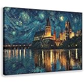 UZWGG 1pcs Framed Wall Art Van Gogh Starry Sky Elements Theme Prints Poster Hogwarts Castle Canvas Painting Living Room Bedroom Hotel Dining Room Wall Decor Wrapped Canvas 24x36inch(60x90cm)