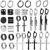 NEWITIN 15 Pairs Magnetic Stud Earrings for Men Clip on Earrings Stainless Steel Magnet Earring Unisex Dangle Cross CZ Hoop Magnetic Stud Earring Set for Men Women