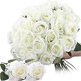 Thiccywoov 30 Pcs Rose Artificial Flowers in Bulk Real Touch Long Stem Silk Roses Bouquets Realistic Faux Flowers for Wedding Bridal Shower Home Decor Floral Arrangements Table Centerpiece(White)