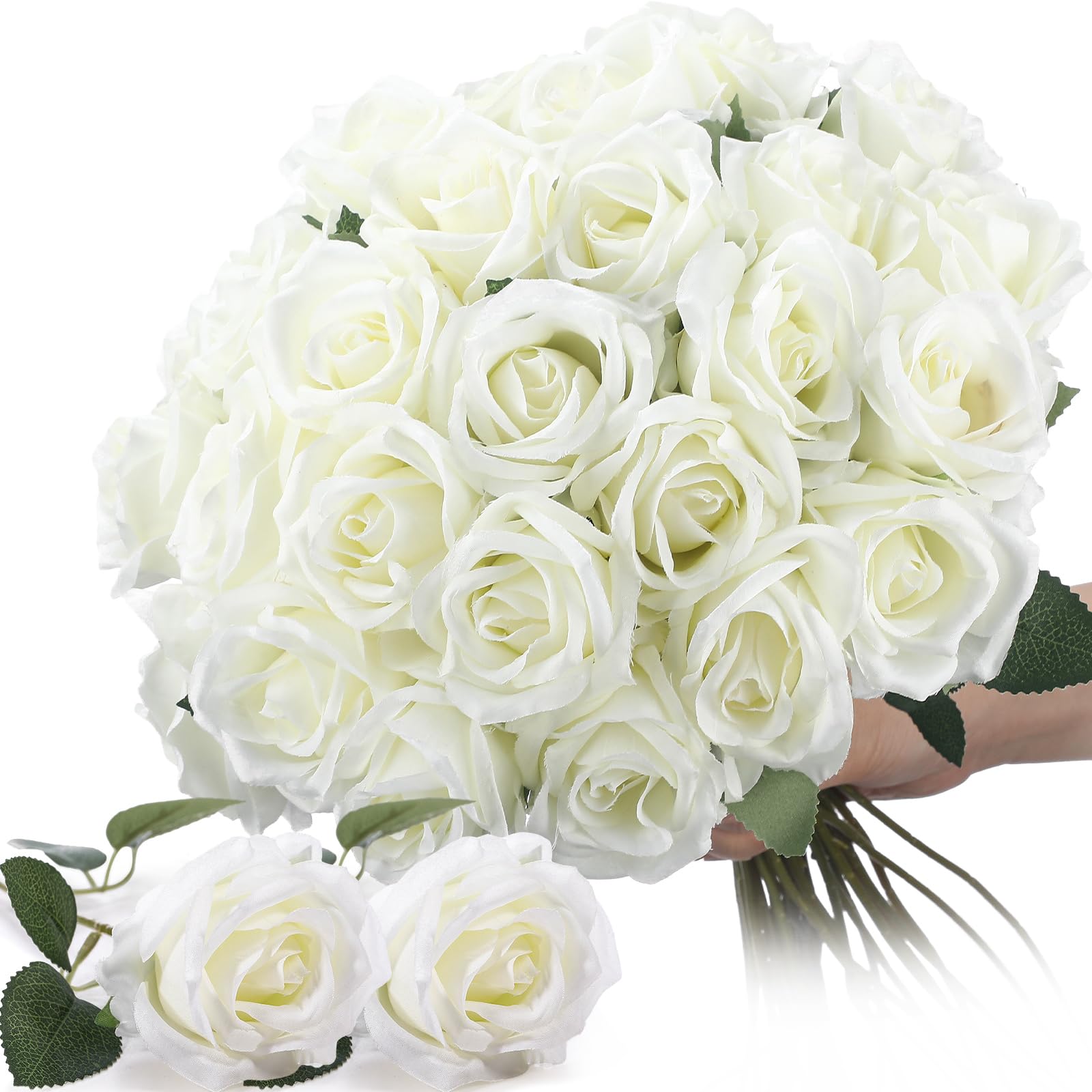Photo 1 of Thiccywoov 30 Pcs Rose Artificial Flowers in Bulk Real Touch Long Stem Silk Roses Bouquets Realistic Faux Flowers for Wedding Bridal Shower Home Decor Floral Arrangements Table Centerpiece(White)