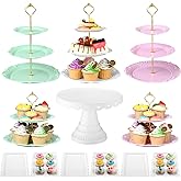 Willinglong 12 Pcs Dessert Table Display Stand Set Include 5 Cupcake Stand Holder Tier Tower 1 Cake Holder 6 Serving Tray Combo for Party Birthday Baby Shower Wedding(Pink, Green, White)