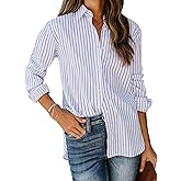 siliteelon Womens Button Down Shirts Cotton Striped Dress Shirt Long Sleeve Collared Office Work Blouses Tops