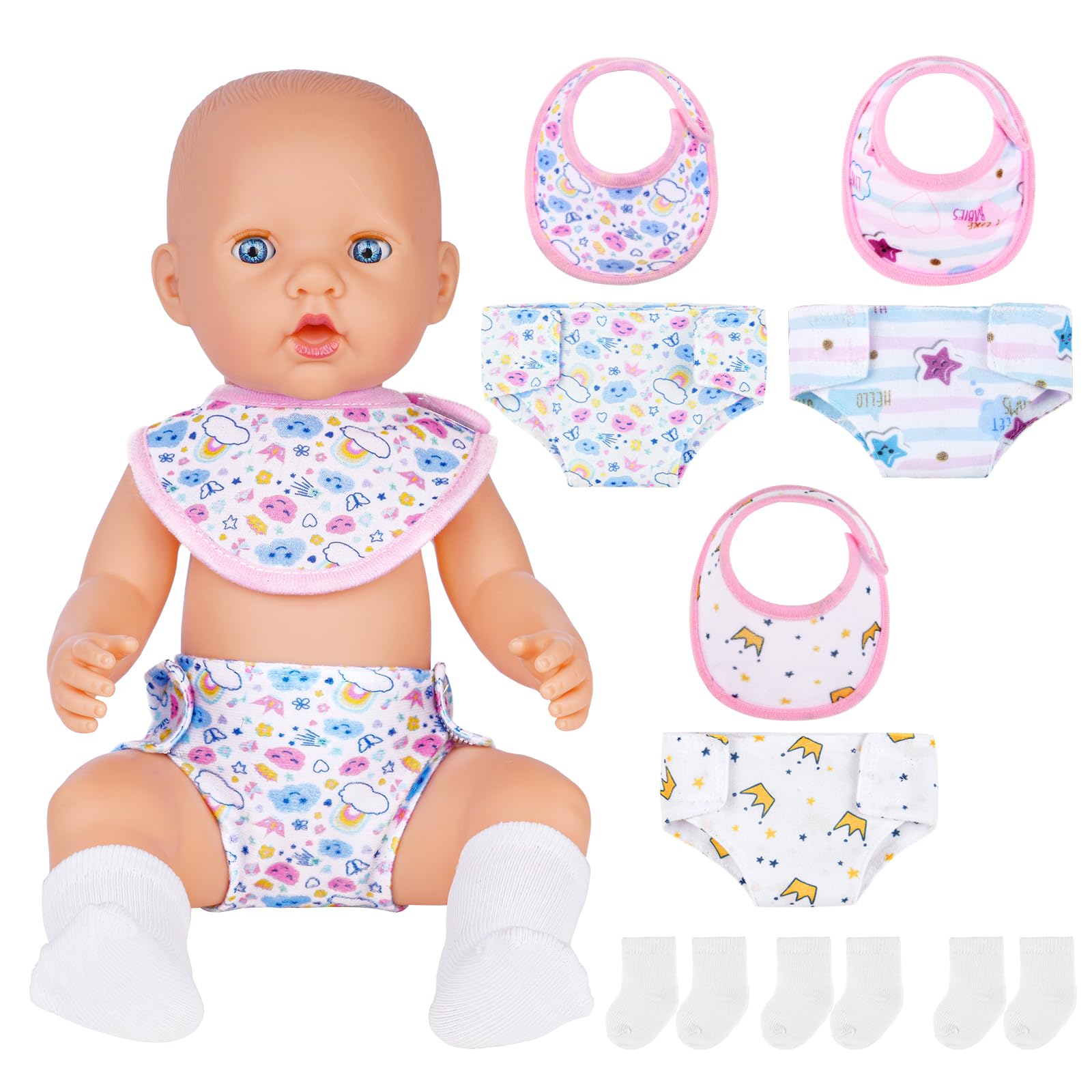 Aolso Doll Accessories Diaper, 3 Set of Doll Accessories Diaper Baby Doll Nappies, Baby Doll Nappies Bib Set Includes Bib, Diaper and Socks, Reusable For Multiple Uses — image 1