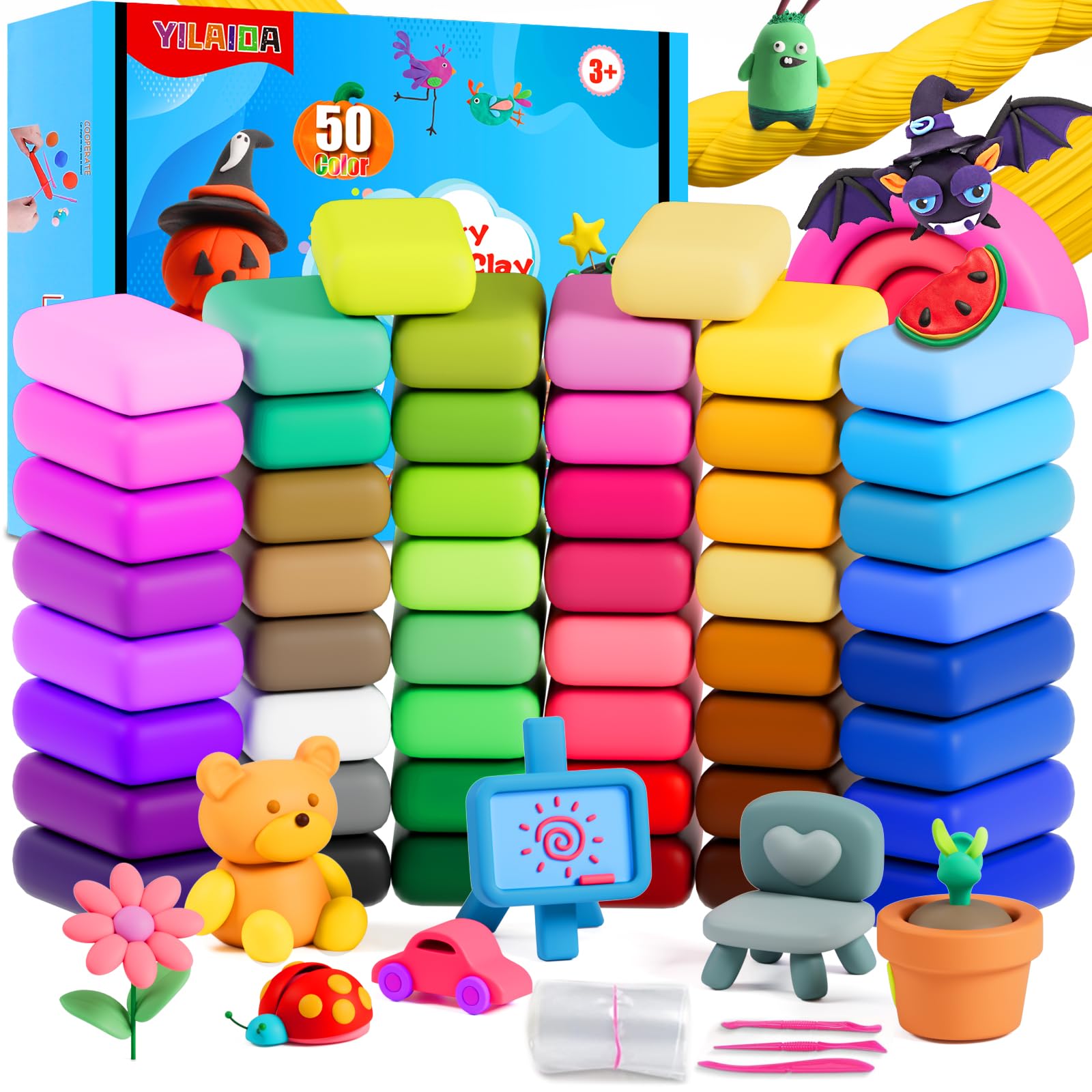 YILAIDA Air Dry Clay, 50 Colors Modeling Clay Ultra Light Non-Toxic Magic Air Drying Clay with Modeling Tools, Accessories and Booklet Art Craft Gift to Kids and Beginner