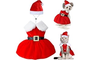 GOYOSWA Cat Kitten Christmas Outfit Cat Christmas Dress Santa Costume Clothes Dog Holiday Outfit Pet Santa Hat Dresses for Kittens Cats Puppy (Dress & Hat, Medium)