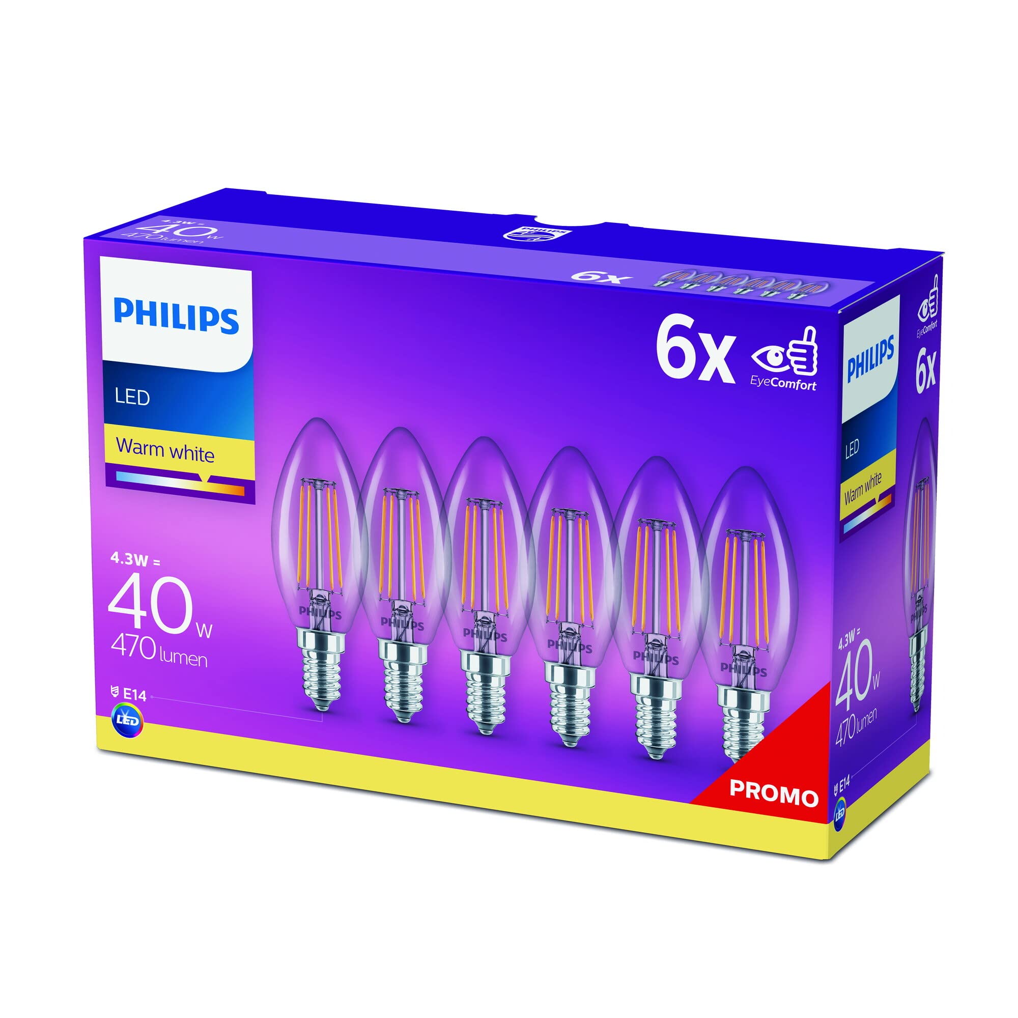 Philips LED Premium Classic Candle Light Bulbs 6 Pack [E14 Small Edison Screw] 4W - 40W Equivalent, Warm White (2700K), Non Dimmable