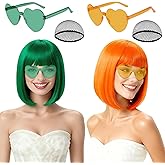 rookea 2 Pack Colored Bob Wigs and Heart Sunglasses Set, Green Orange Short Straight Bob Wig with Bangs Neon Party Colorful Synthetic Hair for Women Men Halloween Costume Bachelorette Party Favors