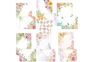 Kioiner 72 Pcs Watercolour Stationary Paper and Envelopes Set, 24 Flower Writing Paper with 24 Matching Envelopes and 24 Seal