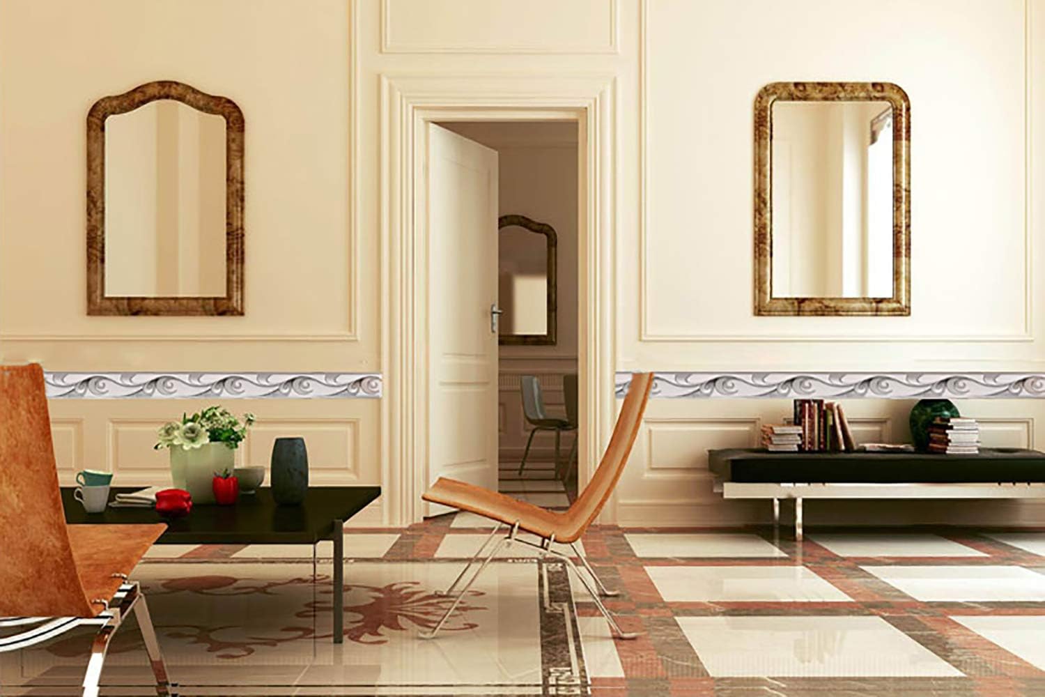 Dundee Deco BD3222 Peel and Stick Abstract Grey Scrolls Wallpaper Border Retro Design, Roll 33 ft. x 4.5 in. (10m x 11.2cm) - Image 3