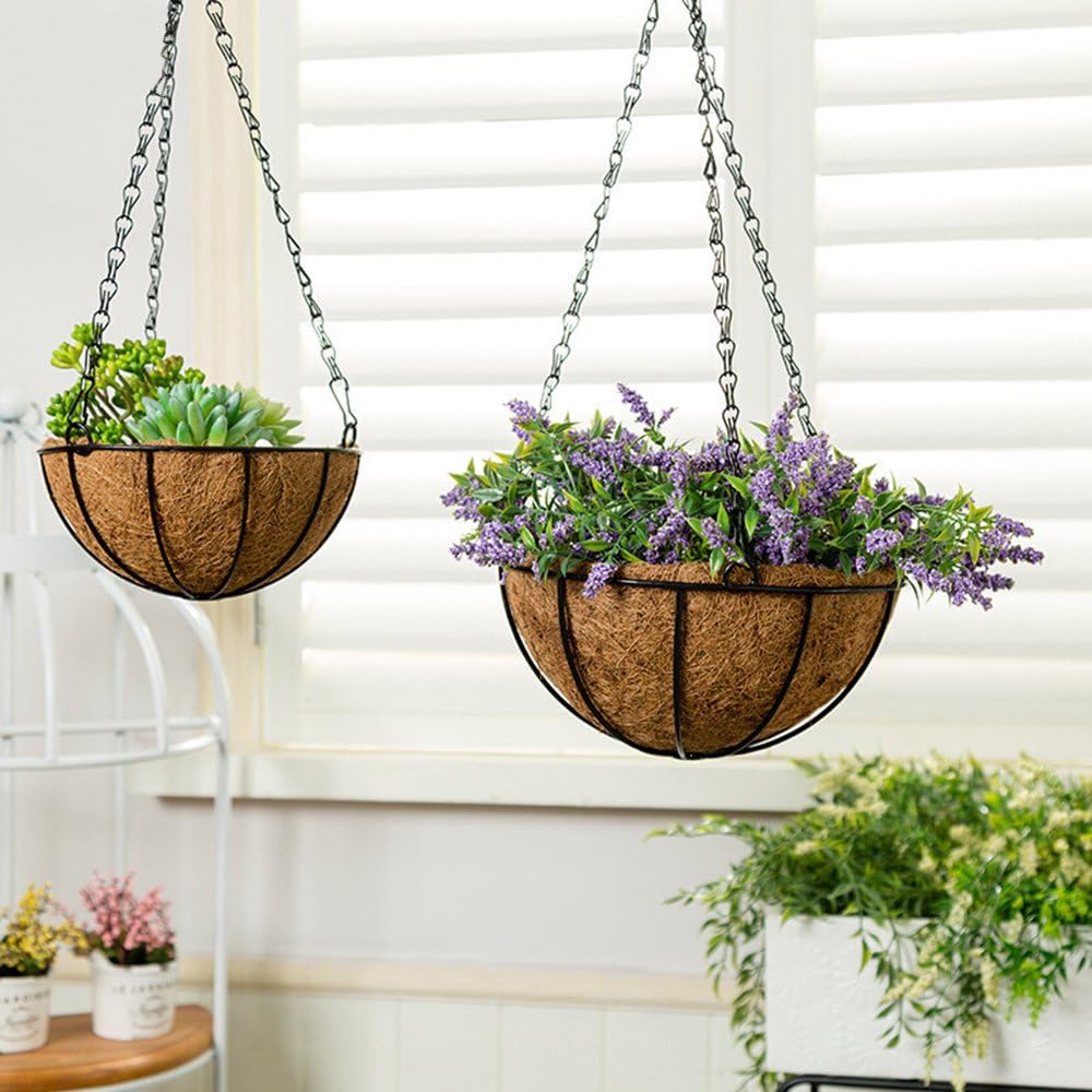 Orgrimmar 2 Pack Metal Hanging Planter Basket With Coco Coir Liner, 8" Round Wire Plant Holder with 18" Hanging Chain for Hanging Plant and Flower: Home Improvement