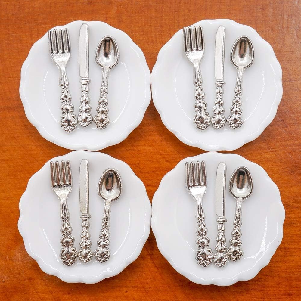4 Pieces 1:12 Scale Miniature Dollhouse Plates and 12 Pieces Spoons Knives Forks Metal Tableware Kitchen Accessories Miniatures Porcelain Plate Set Dollhouse Decoration