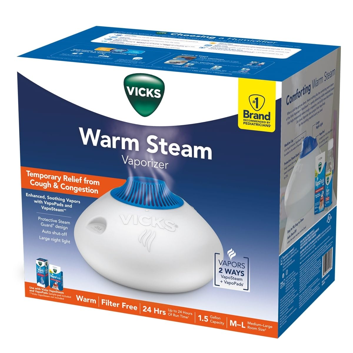 Vicks Warm Steam Vaporizer, Small to Medium Rooms, 1.5 Gallon Tank – Warm Mist Humidifier for Baby and Kids Rooms with Night Light, Works with Vicks VapoPads and VapoSteam