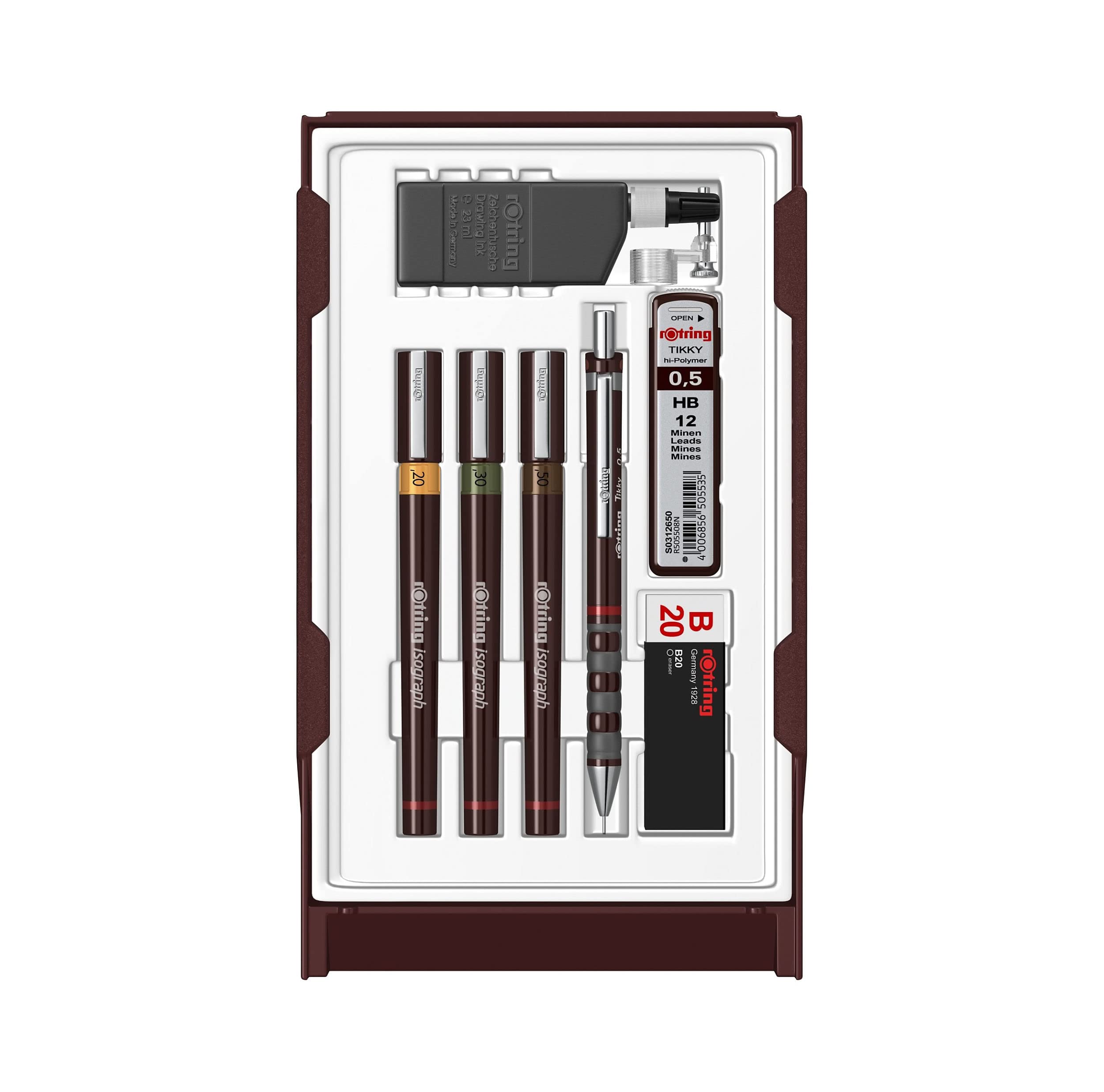 rOtring Isograph Fineliner College Set | 3 Isograph Tuschefüller (0,20 mm0,30 mm und 0,50 mm)Tikky Druckbleistift (0,5mm) und Zubehör