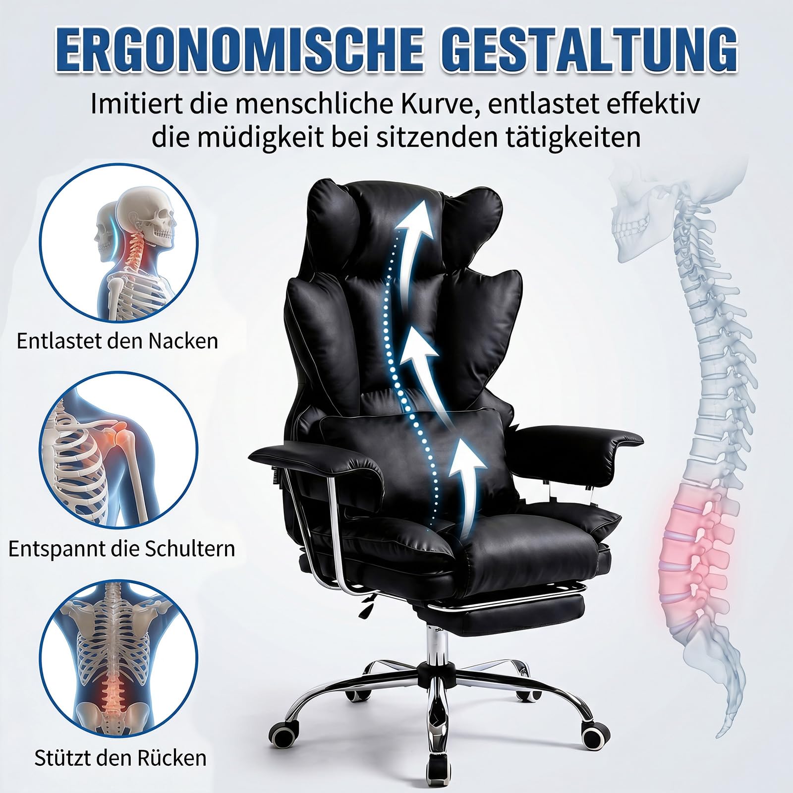 Ergonomischer Chefsessel Bürostuhl Gaming Stuhl Hochlehner mit Fußstütze &verstellb. Lendenstütze, 200 kg belastbar, Extra breiter Sitz,90°–135° Rückenlehne, Polsterung, Modern Büro/Homeoffice,Schwarz 3