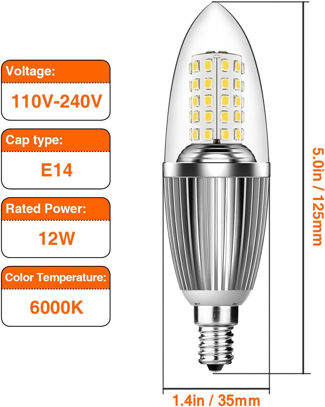 HZSANUE E14 LED Candle Bulbs 12W, 100W Incandescent Bulbs Equivalent, 6000K Daylight White,1350Lm - Image 3