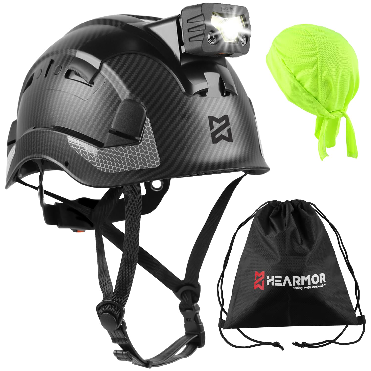 HEARMOR Working at Heights Industrial Helmet for Adults Construction Helmet with LED Headlamp Including ABS Safety Passed EN12492 Certification, EN397 Shock Absorption and Penetration Resistance Test