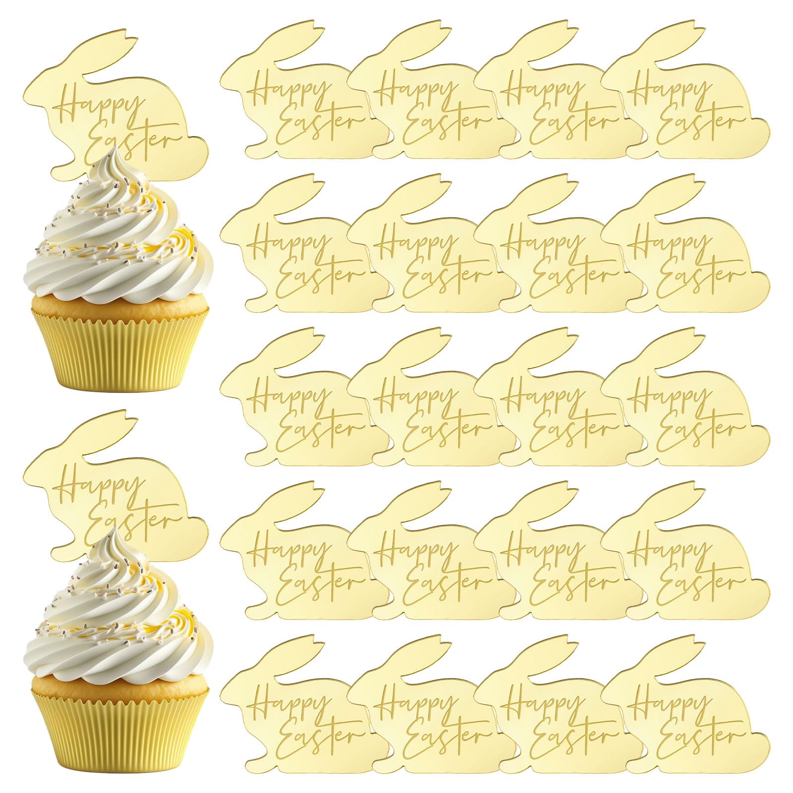 URROMA Rabbit Happy Easter Cupcake Toppers, 20pcs Gold Cake Topper Easter Cake Topper Acrylic Cake Party Rabbit Decorations for Easter Day