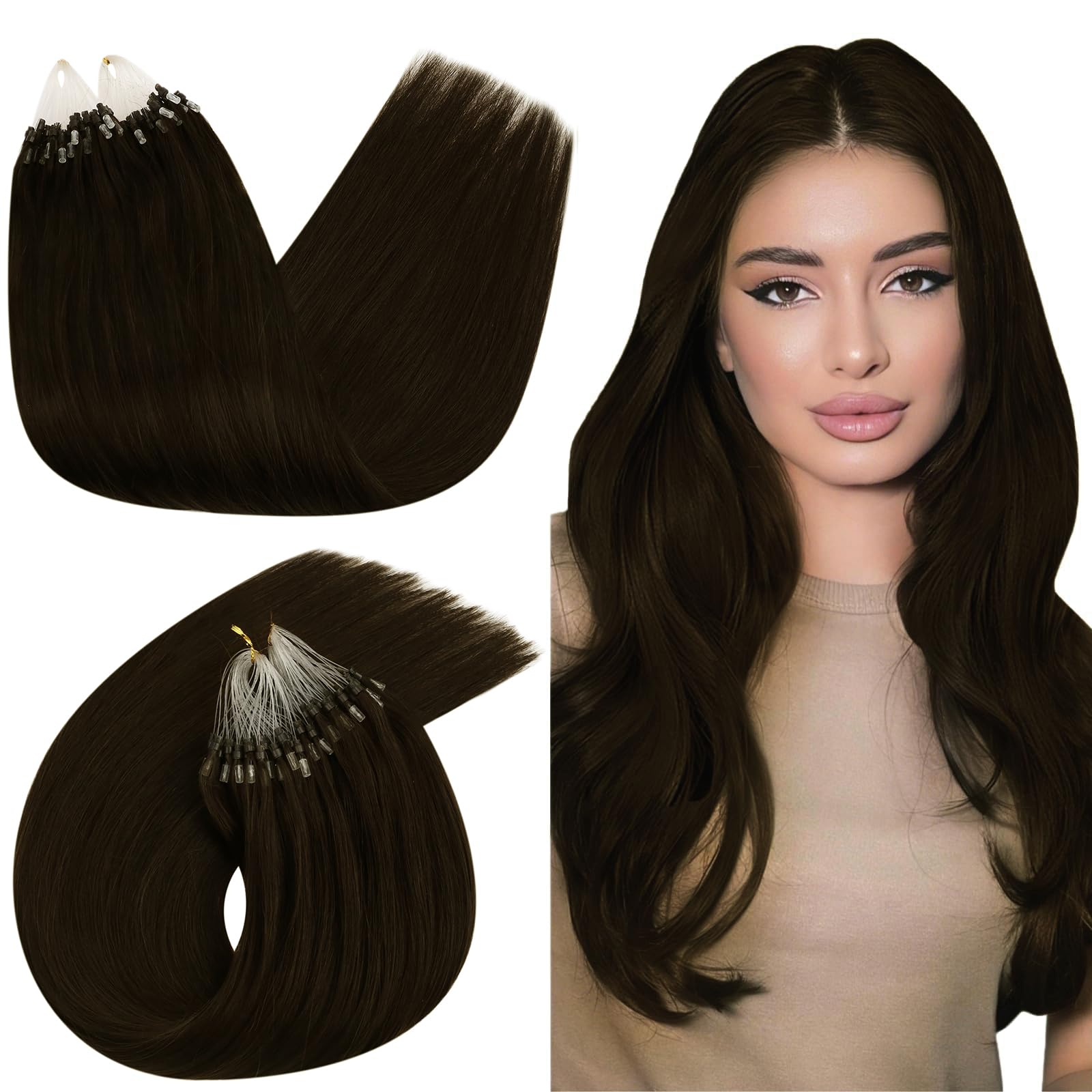 Ugeat Micro Beads Hair Extensions Real Human Hair Brown 18 inch Micro Ring Hair Extensions Real Human Hair Chocolate Brown 50G/50S #4 — image 1
