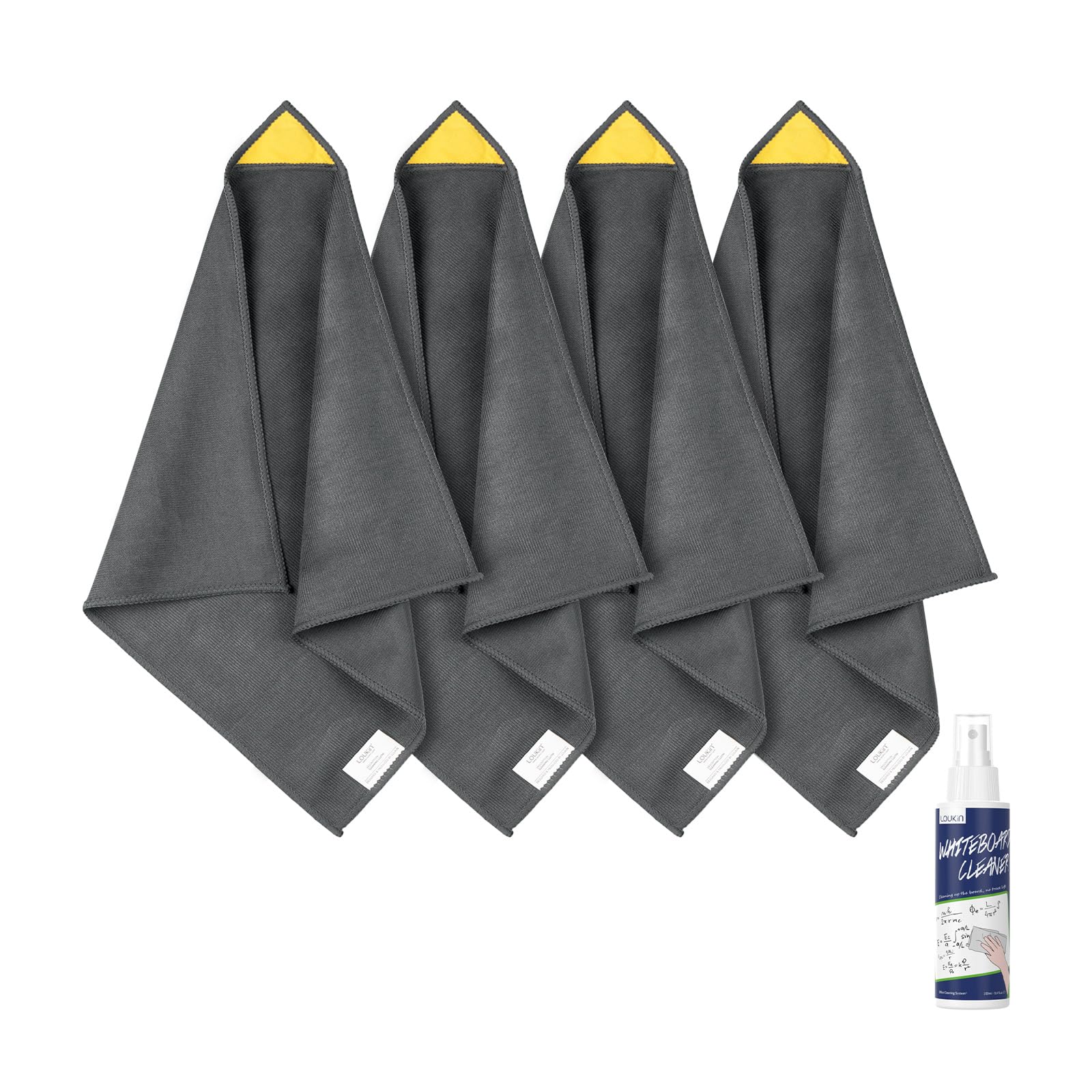 loukin 4pcs Magnetic Whiteboard Cleaning Cloth, Dry Erase Cleaning Cloth for Classroom, Home and Office Use, Reusable and Washable, Gray, 12" x 12", 3.4oz Whiteboard Cleaner Included