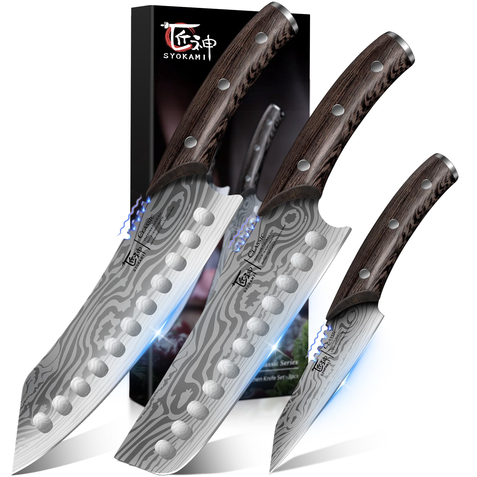 SYOKAMI Kitchen Knife Set, 3PCS Japanese Style Chef Knives Set, Ultra Sharp Kiritsuke, Nakiri, Paring for Precision Cutting, Damascus Pattern Ergonomic Full Tang Wooden Handle, Christmas Cooking Gifts Image