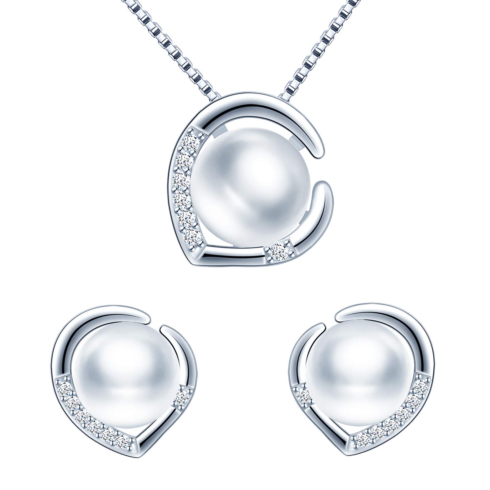 Yumilok Simulated Pearl Jewelry Set, 925 Sterling Silver Pearl Earrings Necklace for Women