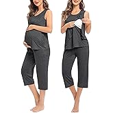 SWOMOG Women Maternity Pajama Set Nursing Pjs Double Layer Sleeveless Top Capri Pregnancy Set Breastfeeding Pjs with Pockets