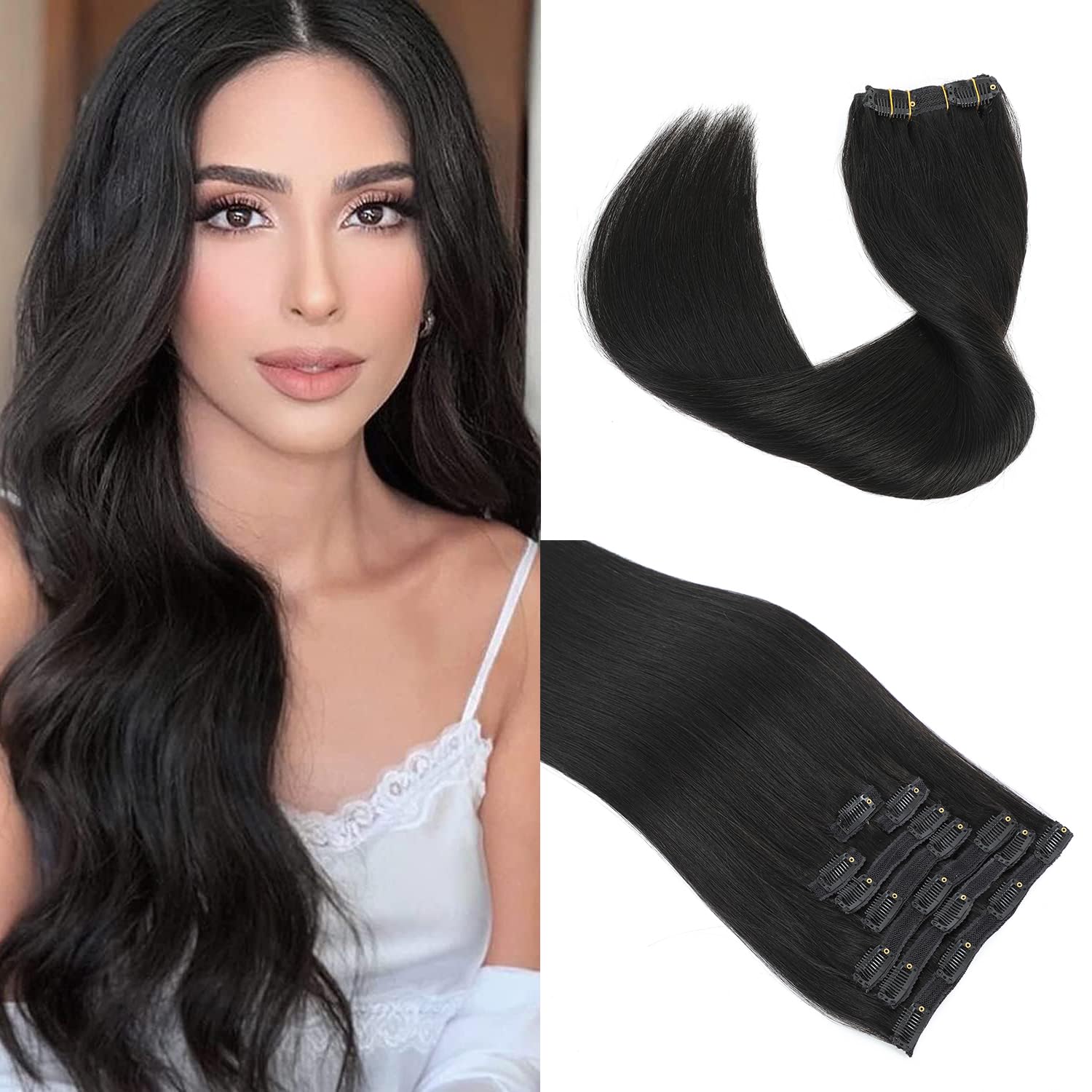 20'' Double Weft Clip in Hair Extensions Real Human Hair Full Head 8 Pieces 100g Silky Straight -100% Real Remy Human Hair Lace Weft Clip in Human Hair Extensions (20 Inch 100g, #1B Natural Black)