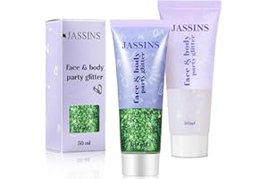 JASSINS 2PCS Body Glitter, 100ml St Patricks Day Face Glitter for Women Girls Kids, Glitter Gel Makeup Tween Gifts, Singer Concerts Festival Rave Accessories, Chunky Mermaid Sequins (Green & White)