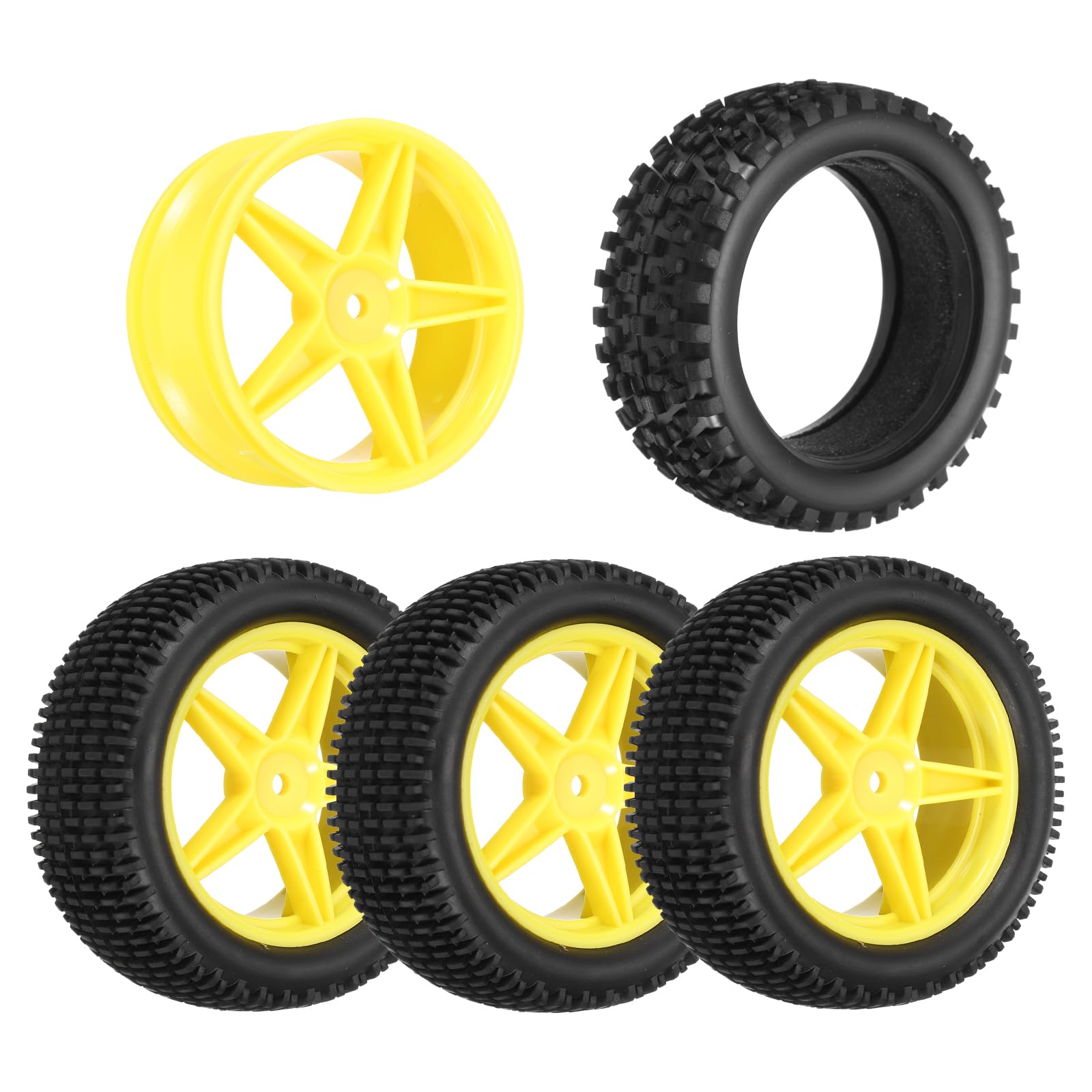 sourcing map 4-Pair High-Grip RC Car Tire & Wheel Set for 1/10 Scale Off-Road Cars - Soft Rubber Tyres with 12mm Hubs, Black/Yellow