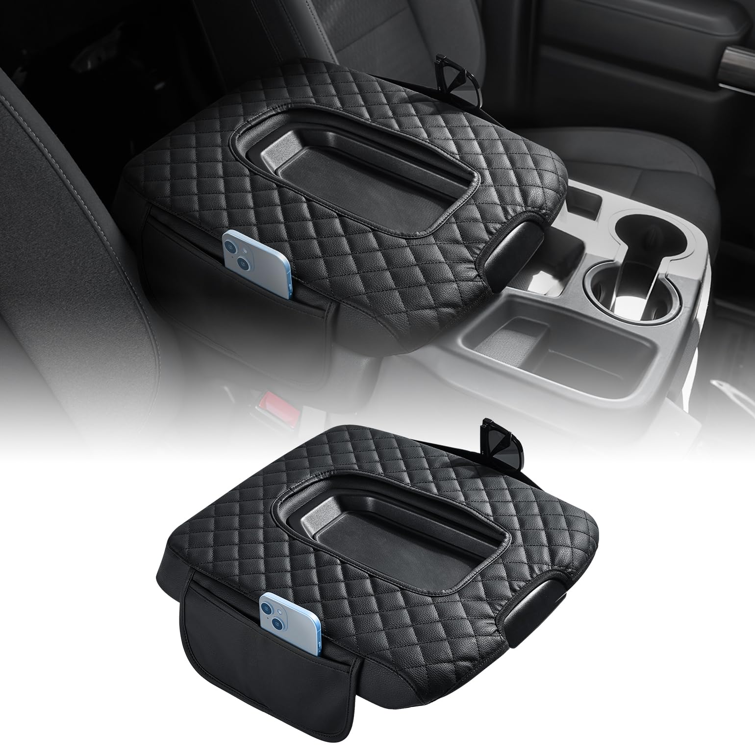 Photo 1 of JOYTUTUS Center Console Cover Compatible with 2019-2025 Silverado Sierra Jump Seat, Leather Arm Rest Armrest Cover for Car, Durable Middle Console Cover Replacement for Trucks, with 2 Pockets