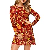 ALIREVERIE Women's Thanksgiving Dress Maple Leaves Turkey Graphic Long Sleeve Thankful Costume with Pockets