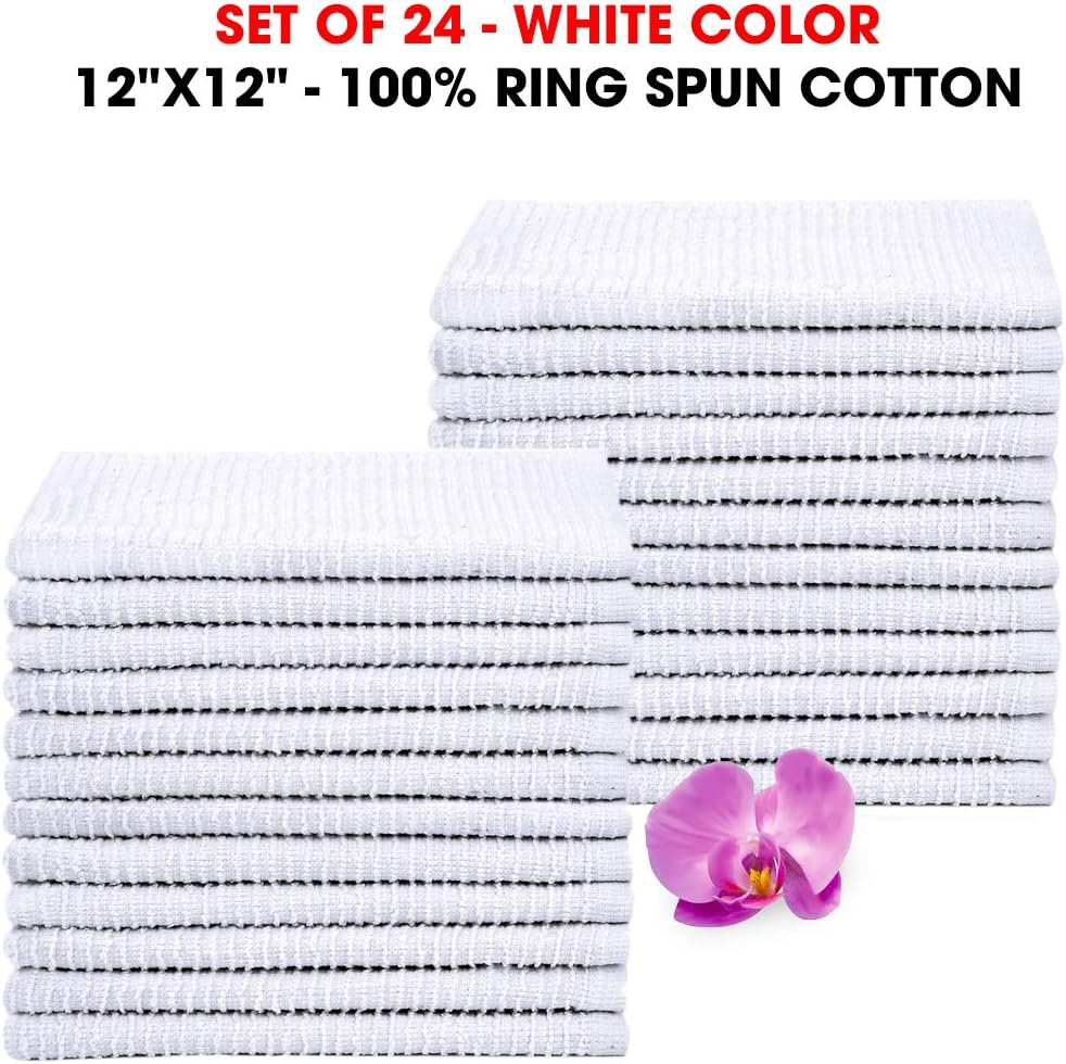 Talvania White Cotton Washcloths - Pack of 24 - Super Absorbent Ribbed Terry Towels Ideal for Body Scrub Gym Spa Multi-Purpose Home Kitchen Cleaning Towel - 12 X 12 Wash Cloth - 100% Ring Spun Cotton: Kitchen & Dining